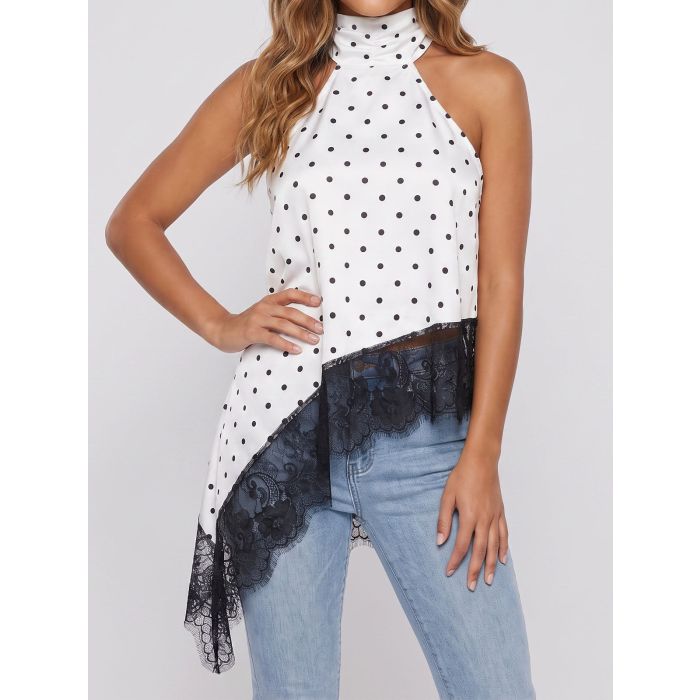 Asymmetrical Scalloped Lace Resort High Neck Polka Dot Satin Top