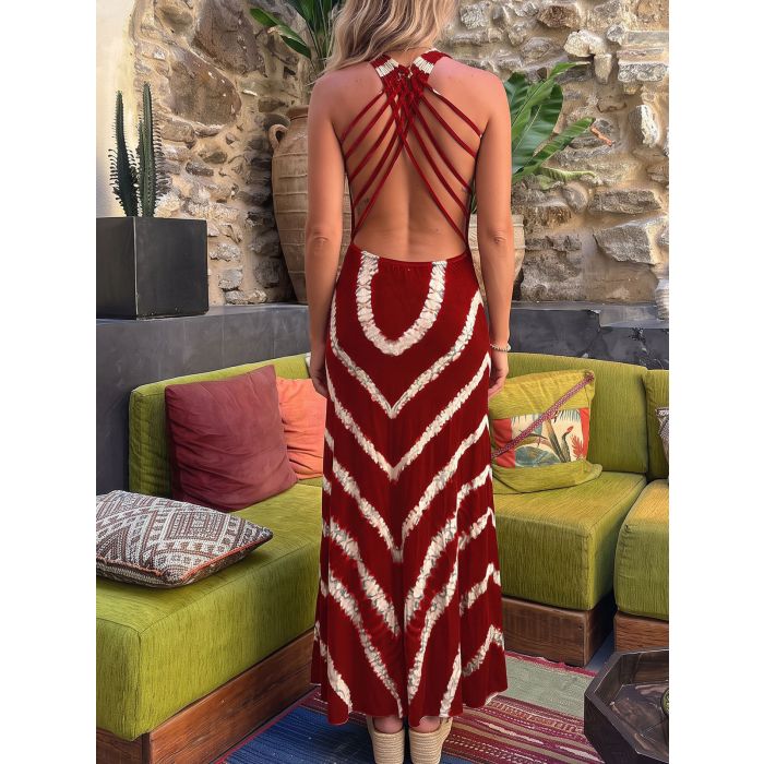 Wavy Tie Dye Criss Cross Back Resort Summer Tank Maxi Dress