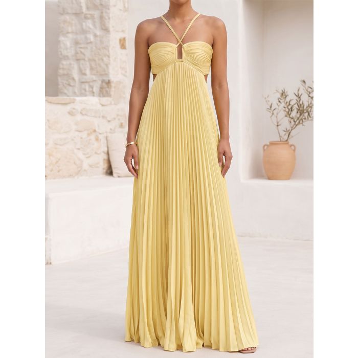 Flowy Crisscross Strap Empire Waist Resort Pleated Cutout Maxi Dress