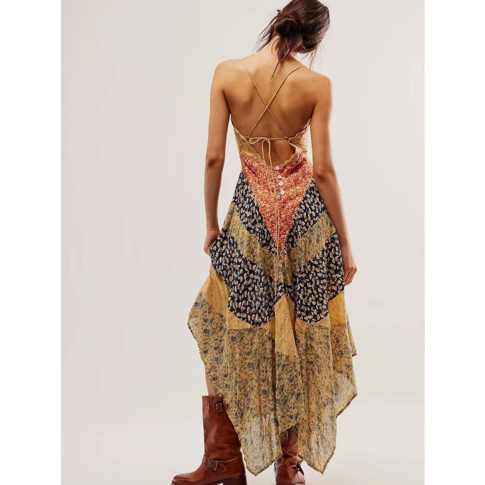 Relaxed Chic V-Neck Tie Back Resort Floral Patchwork Slip Maxi Dress