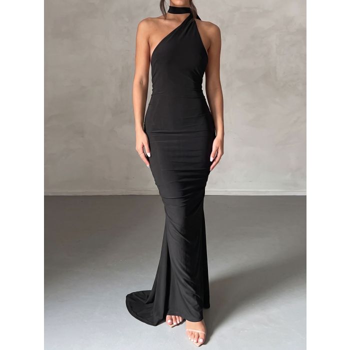 Flattering Backless Draped O Ring One Shoulder Ruched Fishtail Maxi…