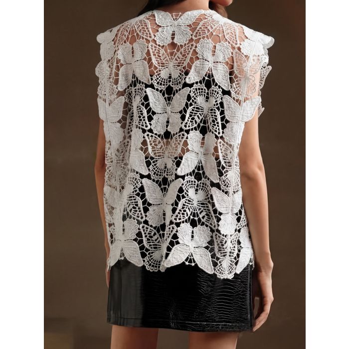 Asymmetrical Sleeveless Beach Butterfly Crochet Knit Cover-Up