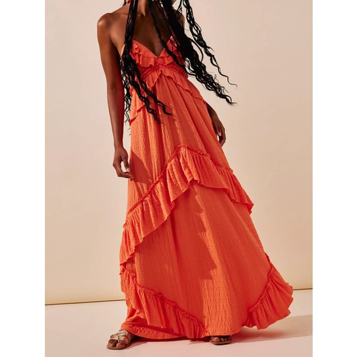Relaxed Halter Tie Back Tiered Ruffle Resort Crinkled Babydoll Maxi…