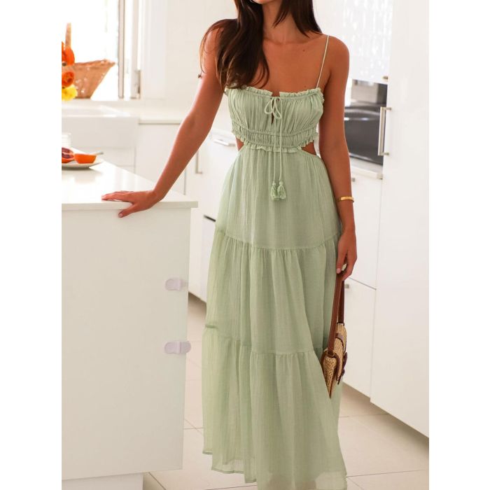 Flattering Ruffle Tie Neck Cutout Resort Crinkled Tiered Midi Sundr…
