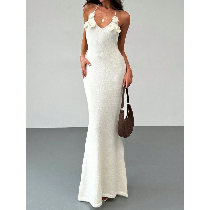 Bloom 3D Flower Deep V Halter Backless Resort Fishtail Knit Maxi Dr…