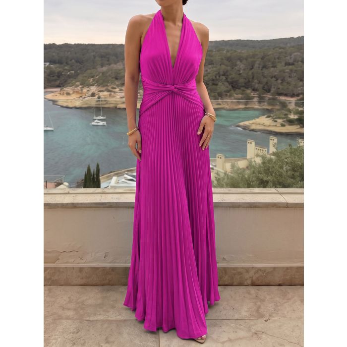 Elegant Plunge Halter Twisted Waist Open Back Resort Pleated Maxi D…