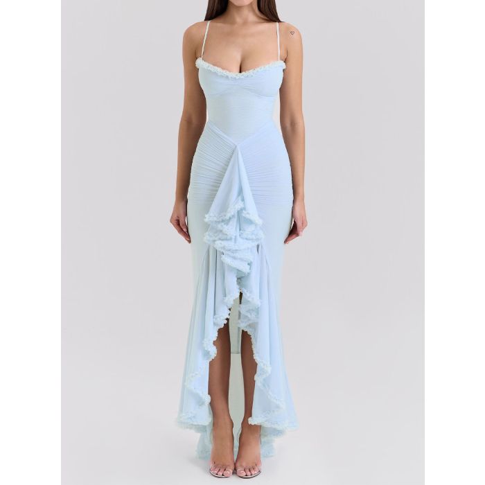 Flowy Ruffle Sweetheart Ruched Mesh Resort Sleeveless High Low Dress