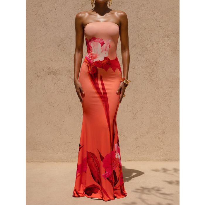 Vibrant Ombre Floral a Line Summer Resort Strapless Maxi Dress