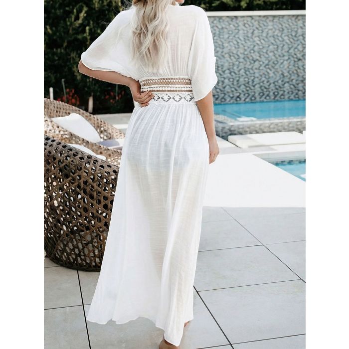Breezy Tie Front Short Sleeve Crochet Lace Beach Maxi Cover-Up