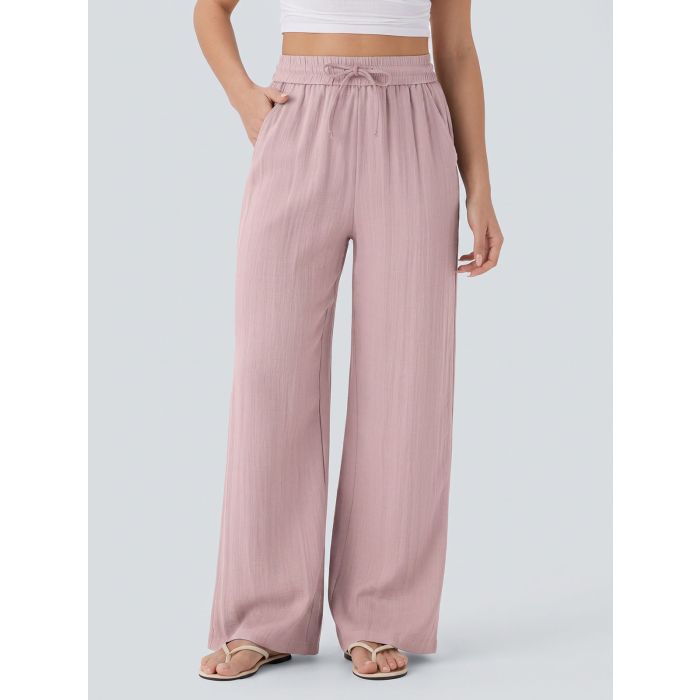 Casual Drawstring Tie High Waist Pocket Resort Wide Leg Pants
