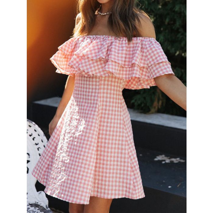 Playful Layered Ruffle Off Shoulder a Line Resort Gingham Mini Dress