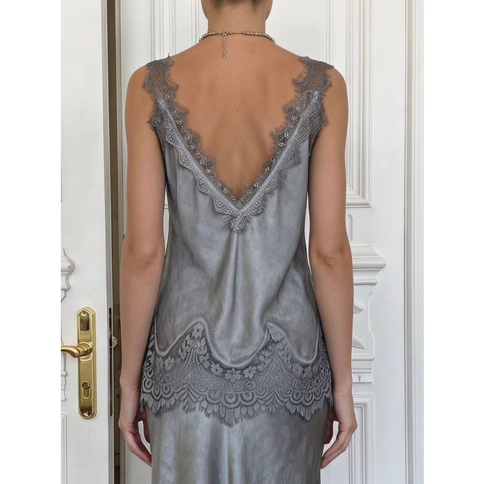 Vintage Eyelash Lace Deep V-Neck Resort Silky Satin Tank Top