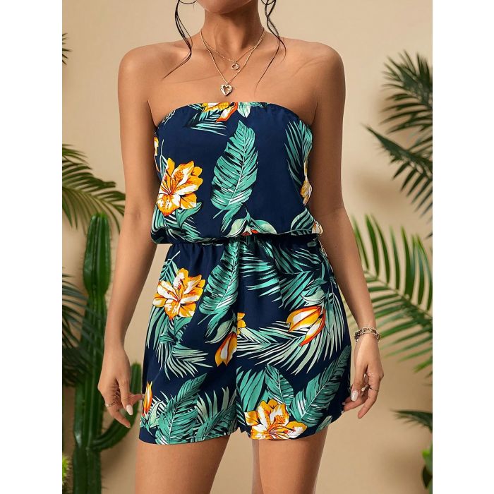 Tropical Floral Ruched Resort Strapless Romper