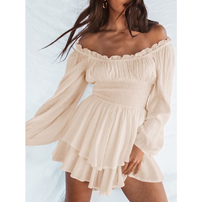 Playful Ruffle Off Shoulder Smocked Bishop Sleeve Resort Tiered Rom…