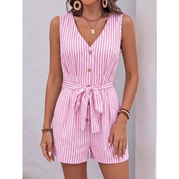 Casual Contrast Striped V-Neck Button Up Belted Resort Wide Leg Rom…