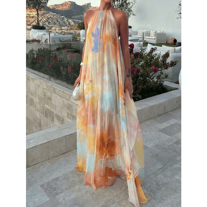 Flattering Backless Halter Tie a Line Resort Chiffon Floral Maxi Dr…