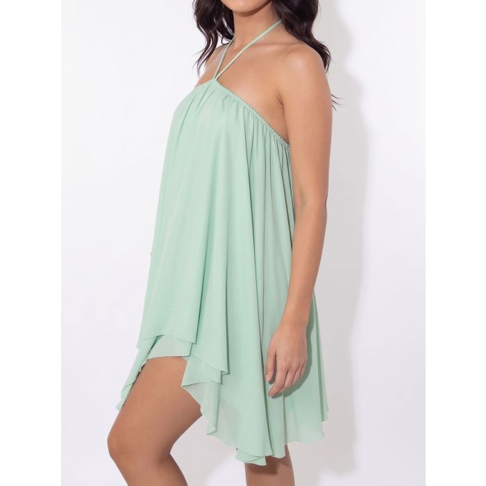 Flowy Halter Tie Open Back Resort a Line Layered Chiffon Mini Dress