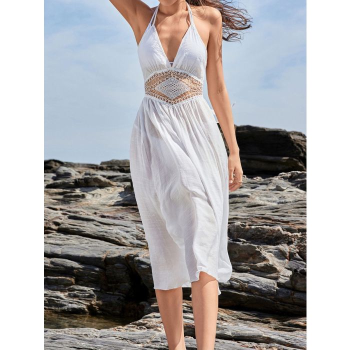 Flattering Plunge Halter Tie Back Crochet Knit Beach Cover-Up Midi…