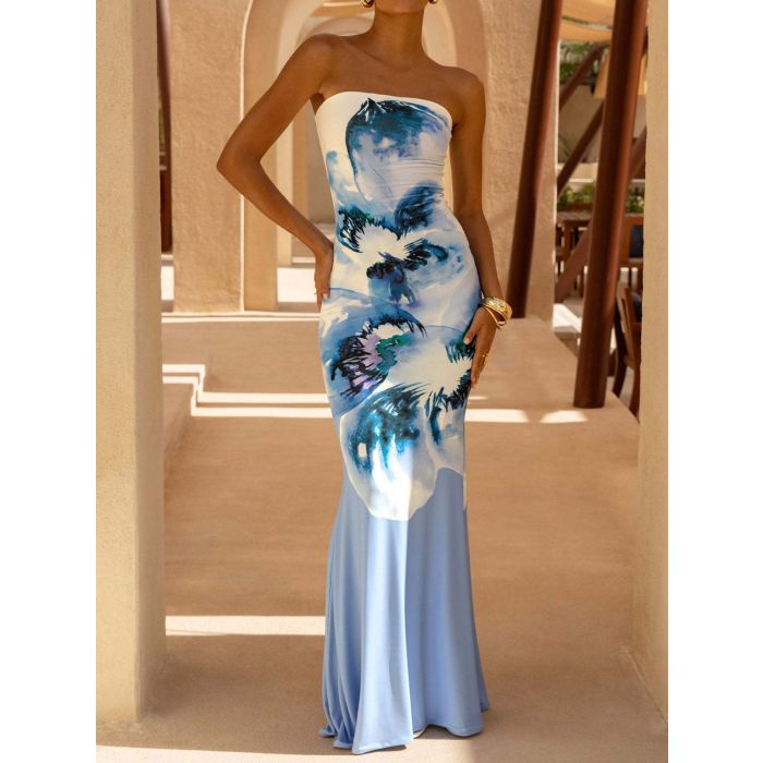 Vibrant Ombre Floral a Line Summer Resort Strapless Maxi Dress
