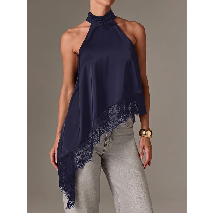 Asymmetrical Scalloped Lace Resort High Neck Silky Satin Top