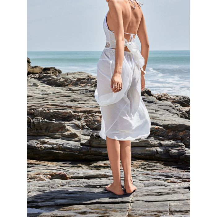 Flattering Plunge Halter Tie Back Crochet Knit Beach Cover-Up Midi…