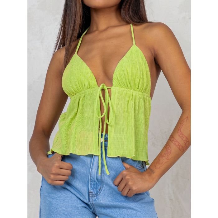 Playful Plunge Halter Neck Tie Front Slit Summer Resort Plisse Crop…