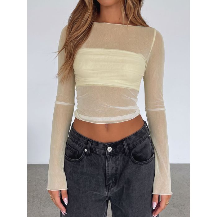Flattering Boat Neck Bandeau Layer Long Sleeve Resort Crop Mesh Top