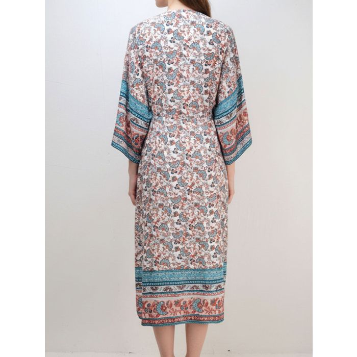 Relaxed Floral Kimono Sleeve Tie Front Midi Beach Cover-Up