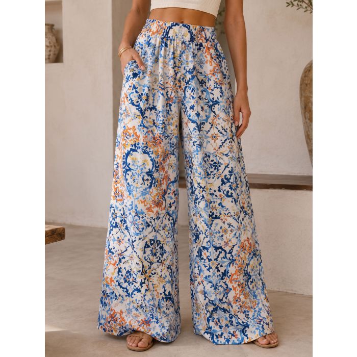 Breezy High Waist Wide Leg Tropical Resort Palazzo Pants