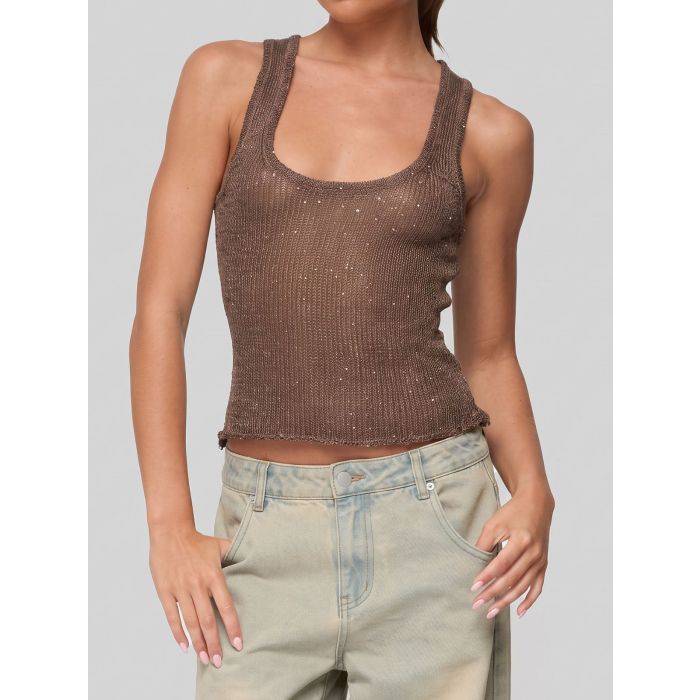 Sparkly Sequin Scoop Neck Resort Roll Hem Knit Tank Crop Top