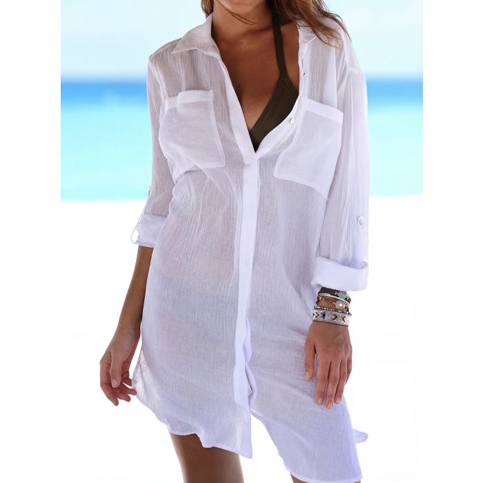 Casual Collared Button Up Oversized Beach Crinkled Cover-Up Blouse