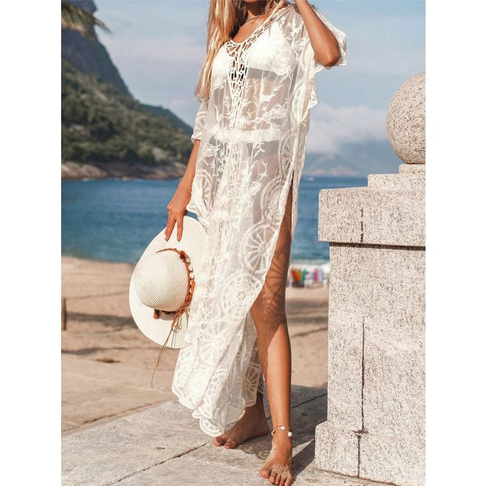 Relaxed Crochet V-Neck Cape Sleeve Embroidered Lace Beach Midi Cove…