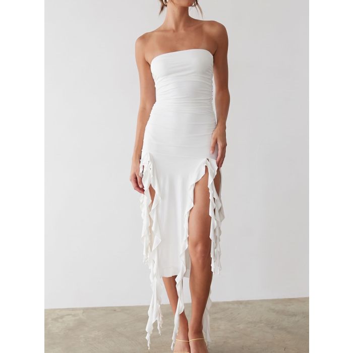Flowy Ruffle Fringe Split Resort Ruched Bodycon Strapless Midi Dress