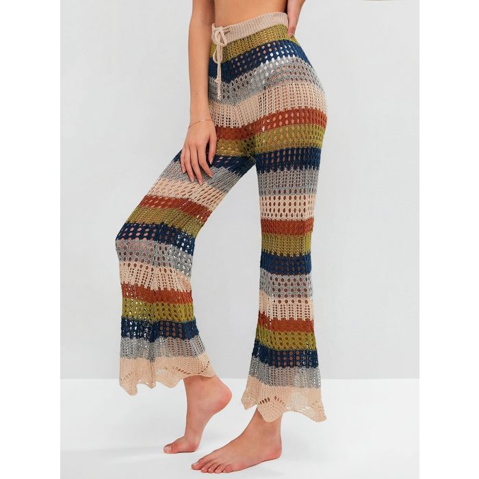 Sunset Striped Tie Waist Flare Leg Beach Crochet Knit Cover-Up Pants