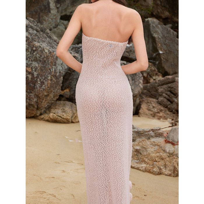 Romantic Rosette Strapless a Line Resort Sheer Knit Maxi Dress