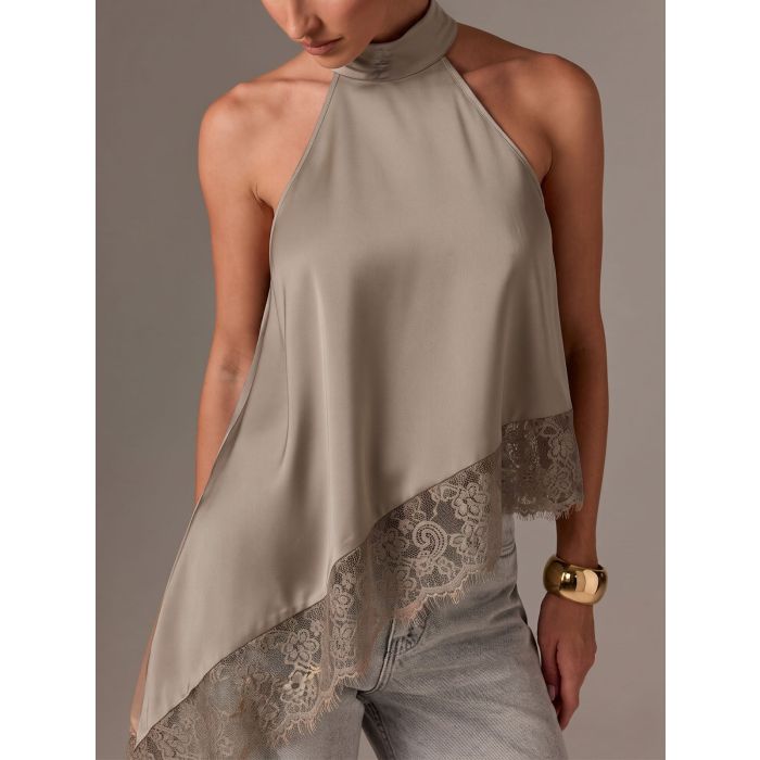 Asymmetrical Scalloped Lace Resort High Neck Silky Satin Top