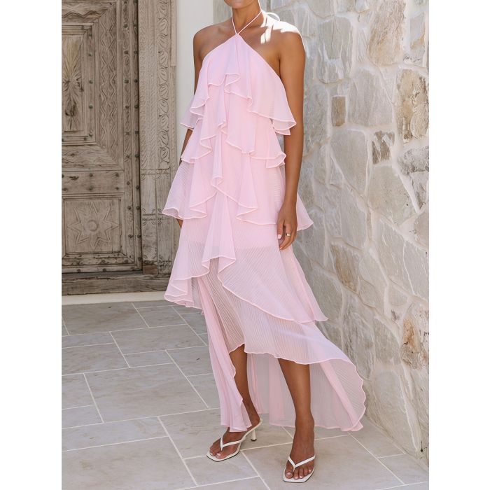 Flowy Halter Tie Layered Ruffle Summer Resort Chiffon High Low Dress