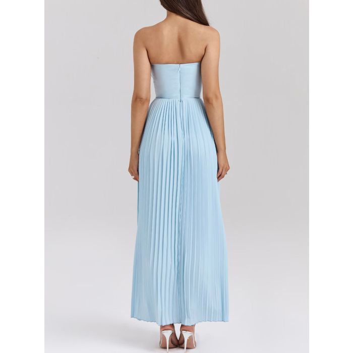 Elegant Bustier Strapless Fit Flare Drop Waist Resort Pleated Midi…