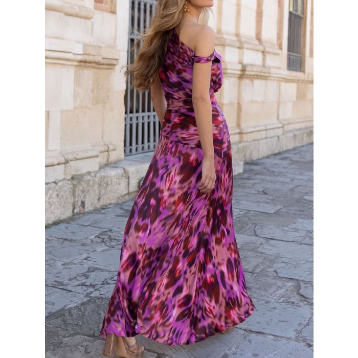 Graceful One Shoulder Drop Waist Resort Tie Dye Printed Maxi Dress