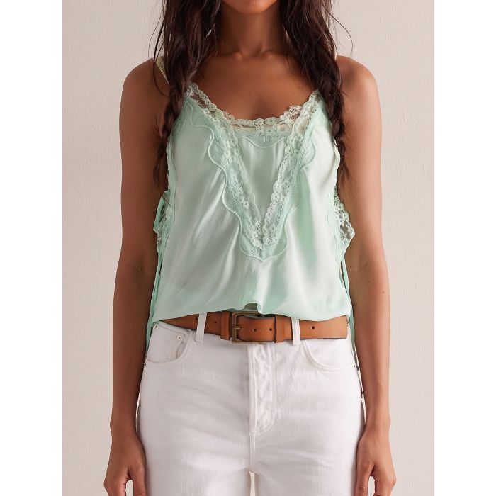 Vintage Floral Lace Tie Side Slit Resort Crop Cami Satin Top