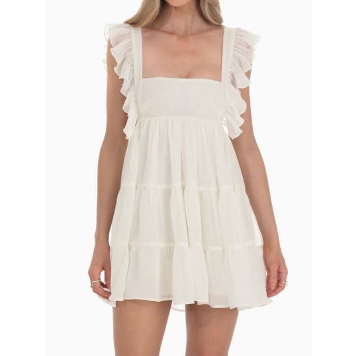 Playful Ruffled Square Neck Tie Back Resort Tiered Babydoll Mini Dr…