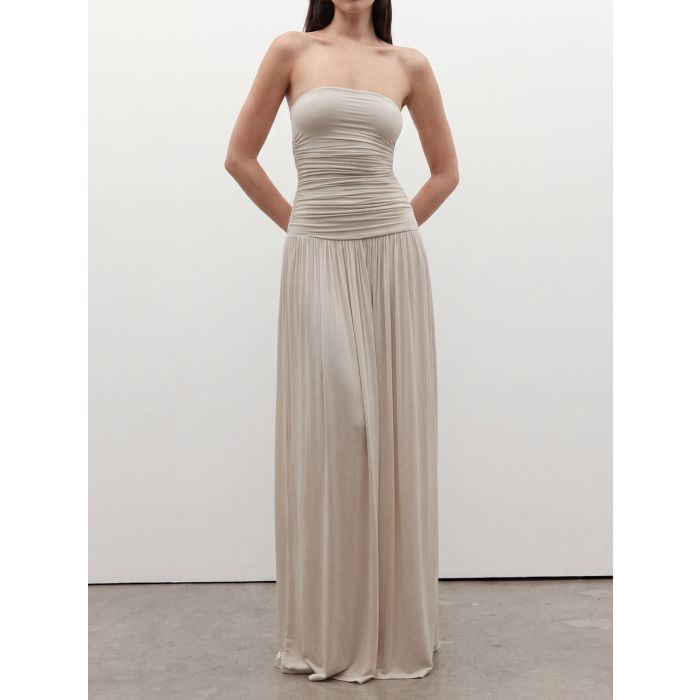 Minimalist Solid Color Strapless Resort Drop Waist Ruched Maxi Dress