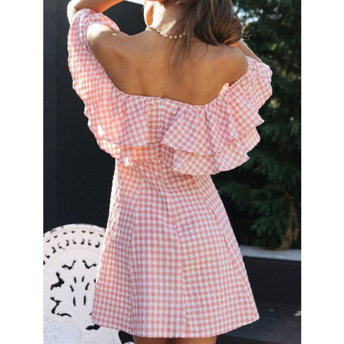 Playful Layered Ruffle Off Shoulder a Line Resort Gingham Mini Dress