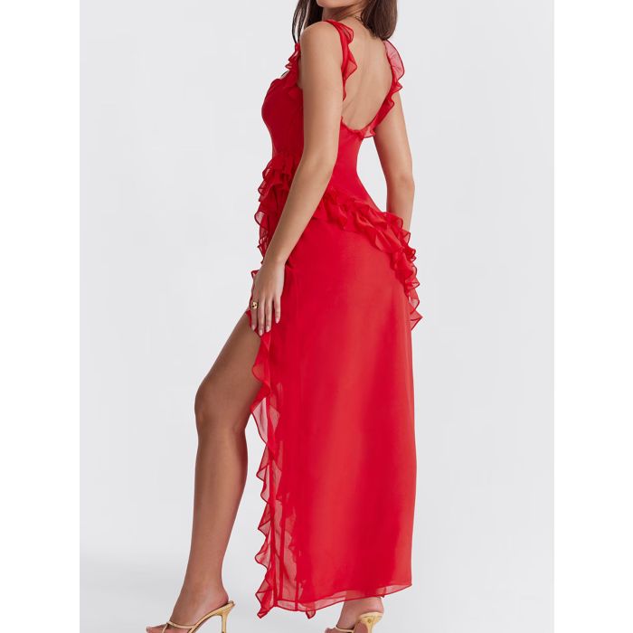 Flowy Ruffled Square Neck Sleeveless High Slit Sleeveless Midi Dress
