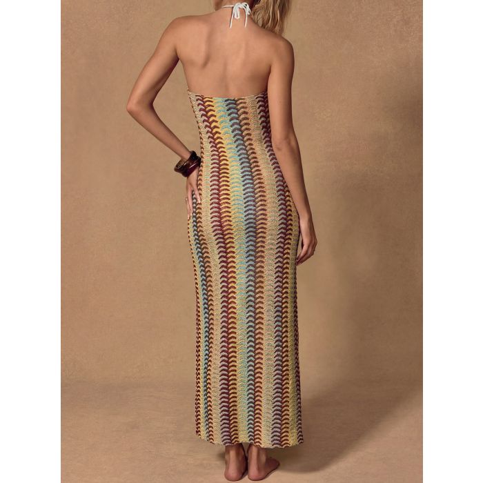 Vibrant Wavy Crochet Knit a Line Resort Deep V Halter Maxi Dress