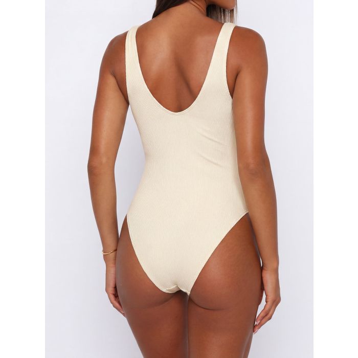 Elegant Moderate Starfish Deep V-Neck Ribbed One-Piece Swimsuit