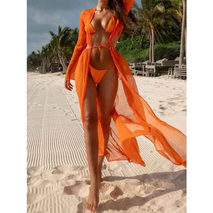 Breezy Tie Front Cutout Long Sleeve Chiffon Maxi Cover-Up