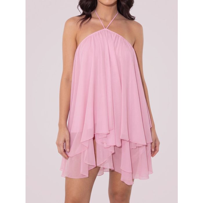 Flowy Halter Tie Open Back Resort a Line Layered Chiffon Mini Dress