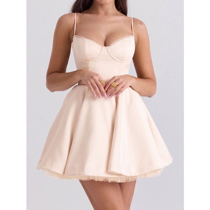 Playful Sweetheart Fit Flare Tulle Layer Resort Satin Mini Sun Dress