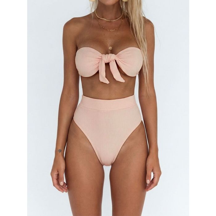 Classic High Waist High-Cut Bow Tie Ribbed Bandeau Two-Piece Bikini…